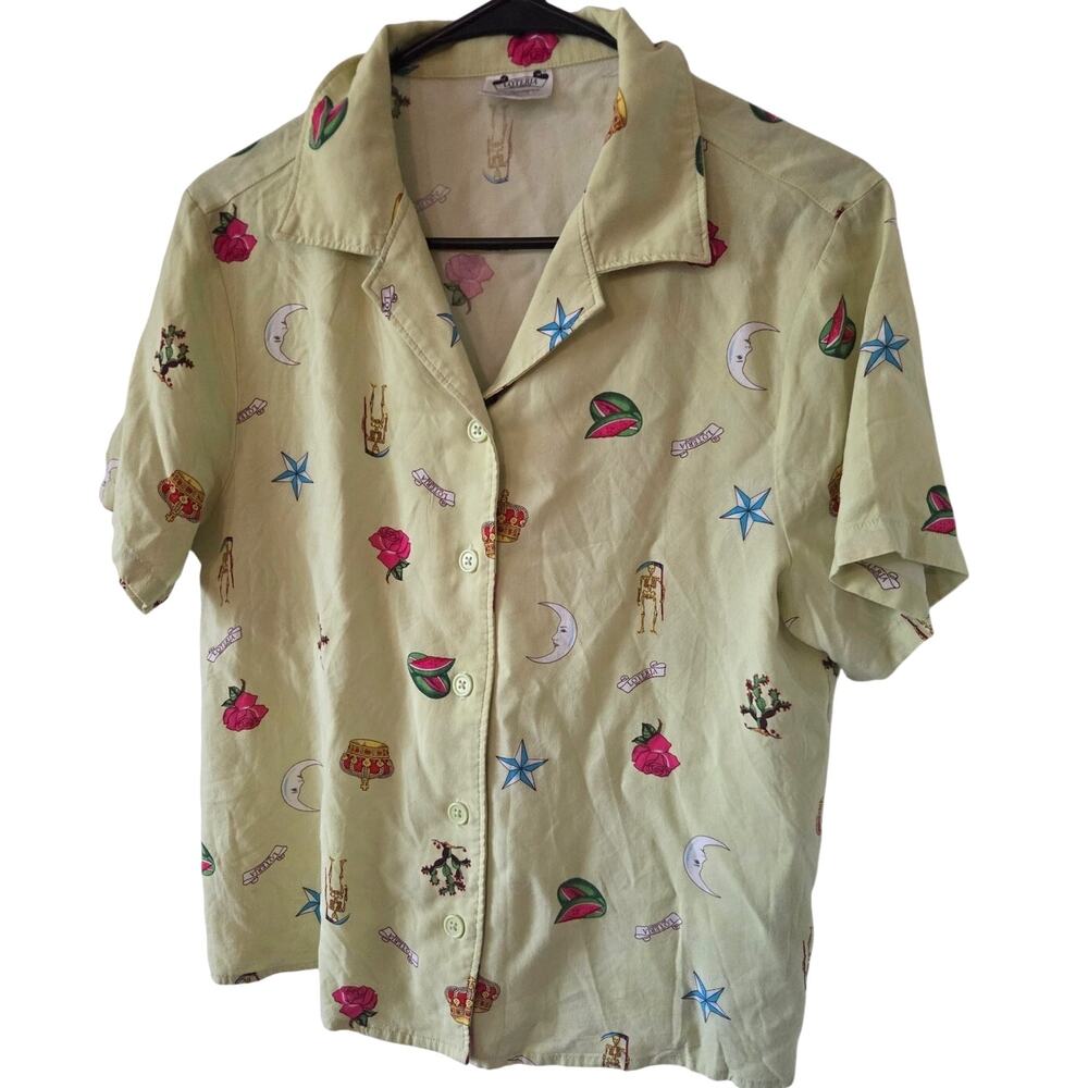 Loteria Small Button Up Shirt Rayon Funky Emo Moon Punk Green